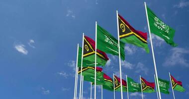 Vanuatu and KSA, Kingdom of Saudi Arabia Flags Waving Together in the Sky, Seamless Loop in Wind, Space on Left Side for Design or Information, 3D Rendering video