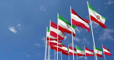 Austria and Iran Flags Waving Together in the Sky, Seamless Loop in Wind, Space on Left Side for Design or Information, 3D Rendering video