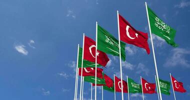 Turkey and KSA, Kingdom of Saudi Arabia Flags Waving Together in the Sky, Seamless Loop in Wind, Space on Left Side for Design or Information, 3D Rendering video