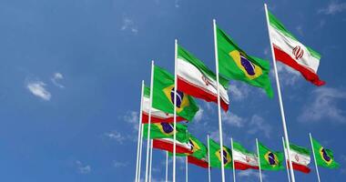 Brazil and Iran Flags Waving Together in the Sky, Seamless Loop in Wind, Space on Left Side for Design or Information, 3D Rendering video