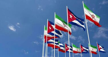 Cuba and Iran Flags Waving Together in the Sky, Seamless Loop in Wind, Space on Left Side for Design or Information, 3D Rendering video