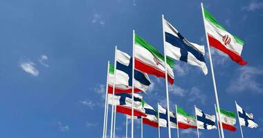 Finland and Iran Flags Waving Together in the Sky, Seamless Loop in Wind, Space on Left Side for Design or Information, 3D Rendering video