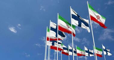 Finland and Iran Flags Waving Together in the Sky, Seamless Loop in Wind, Space on Left Side for Design or Information, 3D Rendering video