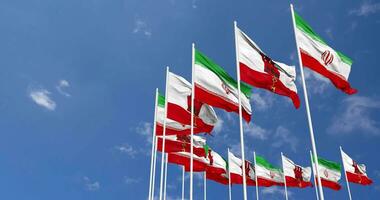 Gibraltar and Iran Flags Waving Together in the Sky, Seamless Loop in Wind, Space on Left Side for Design or Information, 3D Rendering video