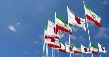 Japan and Iran Flags Waving Together in the Sky, Seamless Loop in Wind, Space on Left Side for Design or Information, 3D Rendering video