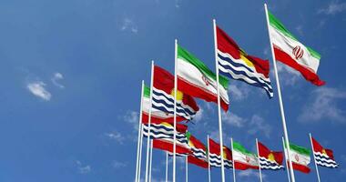 Kiribati and Iran Flags Waving Together in the Sky, Seamless Loop in Wind, Space on Left Side for Design or Information, 3D Rendering video