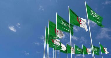 Argélia e ksa, reino do saudita arábia bandeiras acenando juntos dentro a céu, desatado ciclo dentro vento, espaço em esquerda lado para Projeto ou Informação, 3d Renderização video