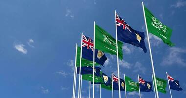 Anguilla and KSA, Kingdom of Saudi Arabia Flags Waving Together in the Sky, Seamless Loop in Wind, Space on Left Side for Design or Information, 3D Rendering video