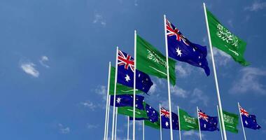 Australia and KSA, Kingdom of Saudi Arabia Flags Waving Together in the Sky, Seamless Loop in Wind, Space on Left Side for Design or Information, 3D Rendering video