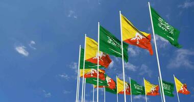 bhutan och ksa, rike av saudi arabien flaggor vinka tillsammans i de himmel, sömlös slinga i vind, Plats på vänster sida för design eller information, 3d tolkning video