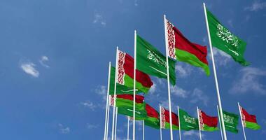 Belarus and KSA, Kingdom of Saudi Arabia Flags Waving Together in the Sky, Seamless Loop in Wind, Space on Left Side for Design or Information, 3D Rendering video