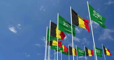 Belgium and KSA, Kingdom of Saudi Arabia Flags Waving Together in the Sky, Seamless Loop in Wind, Space on Left Side for Design or Information, 3D Rendering video