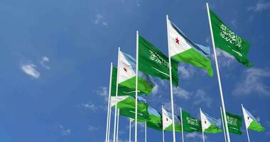 djibouti e ksa, reino do saudita arábia bandeiras acenando juntos dentro a céu, desatado ciclo dentro vento, espaço em esquerda lado para Projeto ou Informação, 3d Renderização video