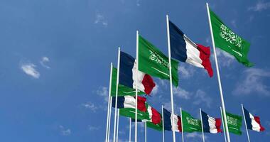 France and KSA, Kingdom of Saudi Arabia Flags Waving Together in the Sky, Seamless Loop in Wind, Space on Left Side for Design or Information, 3D Rendering video