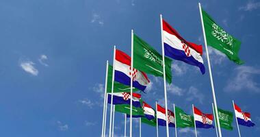 Croatia and KSA, Kingdom of Saudi Arabia Flags Waving Together in the Sky, Seamless Loop in Wind, Space on Left Side for Design or Information, 3D Rendering video