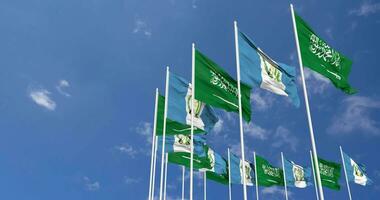 Guatemala and KSA, Kingdom of Saudi Arabia Flags Waving Together in the Sky, Seamless Loop in Wind, Space on Left Side for Design or Information, 3D Rendering video