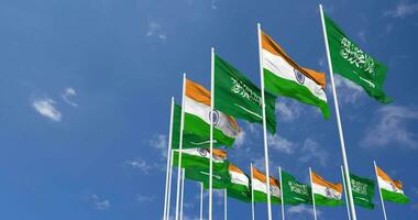 India and KSA, Kingdom of Saudi Arabia Flags Waving Together in the Sky, Seamless Loop in Wind, Space on Left Side for Design or Information, 3D Rendering video