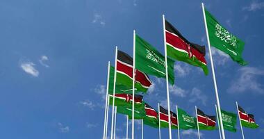 Kenya and KSA, Kingdom of Saudi Arabia Flags Waving Together in the Sky, Seamless Loop in Wind, Space on Left Side for Design or Information, 3D Rendering video