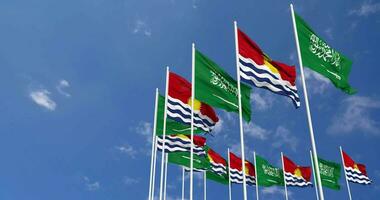 Kiribati y ksa, Reino de saudi arabia banderas ondulación juntos en el cielo, sin costura lazo en viento, espacio en izquierda lado para diseño o información, 3d representación video