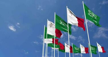 Malta and KSA, Kingdom of Saudi Arabia Flags Waving Together in the Sky, Seamless Loop in Wind, Space on Left Side for Design or Information, 3D Rendering video