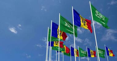 Moldova and KSA, Kingdom of Saudi Arabia Flags Waving Together in the Sky, Seamless Loop in Wind, Space on Left Side for Design or Information, 3D Rendering video