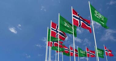 Norway and KSA, Kingdom of Saudi Arabia Flags Waving Together in the Sky, Seamless Loop in Wind, Space on Left Side for Design or Information, 3D Rendering video