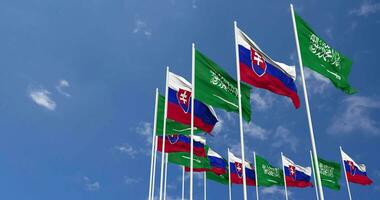 Slovakia and KSA, Kingdom of Saudi Arabia Flags Waving Together in the Sky, Seamless Loop in Wind, Space on Left Side for Design or Information, 3D Rendering video