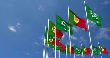 Portugal and KSA, Kingdom of Saudi Arabia Flags Waving Together in the Sky, Seamless Loop in Wind, Space on Left Side for Design or Information, 3D Rendering video