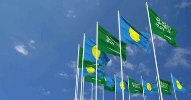 Palau and KSA, Kingdom of Saudi Arabia Flags Waving Together in the Sky, Seamless Loop in Wind, Space on Left Side for Design or Information, 3D Rendering video