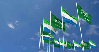 Sierra Leone and KSA, Kingdom of Saudi Arabia Flags Waving Together in the Sky, Seamless Loop in Wind, Space on Left Side for Design or Information, 3D Rendering video