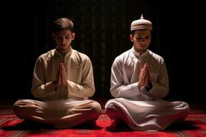 AI generated Two Muslim Men Praying in a Mosque photo