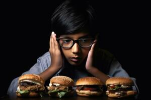 ai generado un joven chico con lentes es confuso por el variedad de opciones a un comida rápida restaurante foto