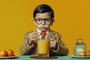 ai generado un inteligentemente vestido niño participación un vaso de jugo foto