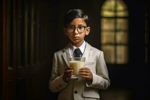 ai generado un bien vestido chico en lentes participación un vaso de Leche foto