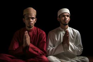 AI generated Two Muslim men praying in a darkened room photo