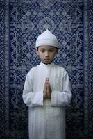 AI generated A young boy in a white prayer outfit, hands together in prayer. photo