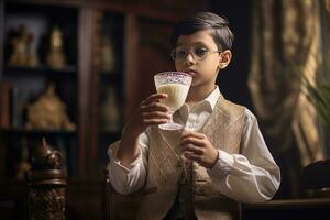 AI generated A Boy in a Suit, Glasses, and a Vest Enjoys a Drink from a Stemmed Glass photo