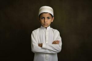 ai generado un joven musulmán chico en tradicional atuendo foto