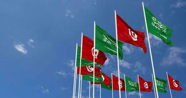 Tunisia and KSA, Kingdom of Saudi Arabia Flags Waving Together in the Sky, Seamless Loop in Wind, Space on Left Side for Design or Information, 3D Rendering video