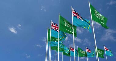 Tuvalu and KSA, Kingdom of Saudi Arabia Flags Waving Together in the Sky, Seamless Loop in Wind, Space on Left Side for Design or Information, 3D Rendering video