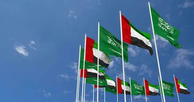 United Arab Emirates and KSA, Kingdom of Saudi Arabia Flags Waving Together in the Sky, Seamless Loop in Wind, Space on Left Side for Design or Information, 3D Rendering video