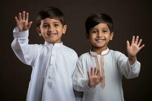 AI generated Two young boys smiling and waving at the camera photo