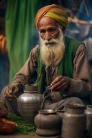 ai generado un hombre en un verde chaqueta y un blanco turbante es sentado y emocionante un grande maceta de alimento. foto