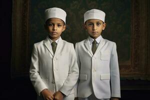 ai generado dos joven Niños vestido en formal blanco ropa, incluso trajes y sombreros, actitud para el cámara. foto