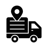 Cargo truck with map pin showing concept icon of cargo location, delivery tracking vector