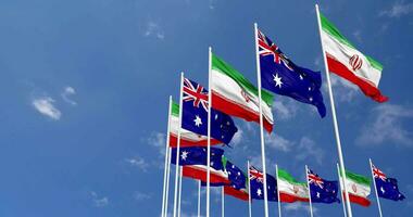 Australia and Iran Flags Waving Together in the Sky, Seamless Loop in Wind, Space on Left Side for Design or Information, 3D Rendering video