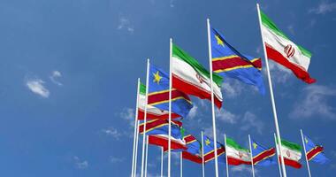 DR Congo and Iran Flags Waving Together in the Sky, Seamless Loop in Wind, Space on Left Side for Design or Information, 3D Rendering video