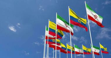 Ecuador and Iran Flags Waving Together in the Sky, Seamless Loop in Wind, Space on Left Side for Design or Information, 3D Rendering video