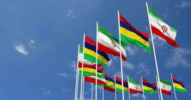 mauritius och iran flaggor vinka tillsammans i de himmel, sömlös slinga i vind, Plats på vänster sida för design eller information, 3d tolkning video