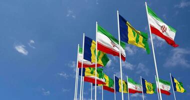 Saint Vincent and the Grenadines and Iran Flags Waving Together in the Sky, Seamless Loop in Wind, Space on Left Side for Design or Information, 3D Rendering video